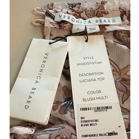 Veronica Beard NWT Blush Multicolor Luciana Floral Metallic Silk Top Size 6 - Picture 7 of 9